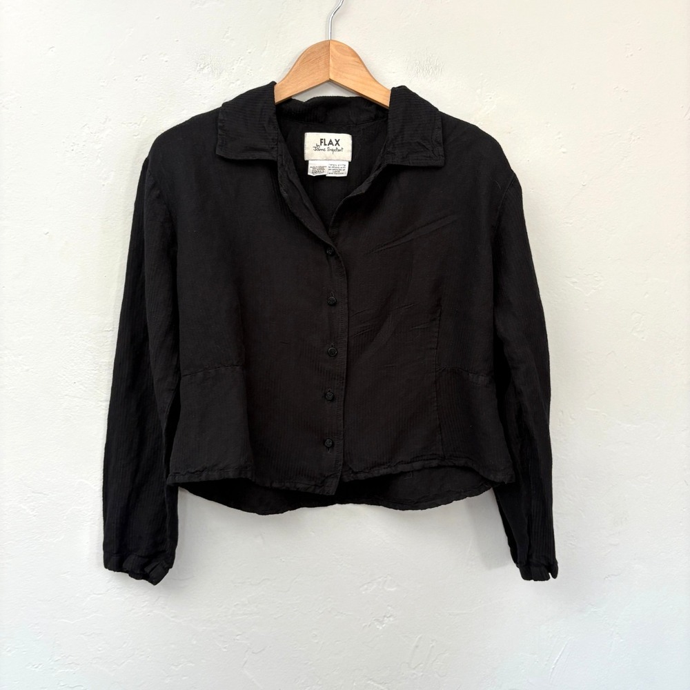 Flax By Jeanne Engelhart Linen Blend Crop Top Women Size Small Black Button Up